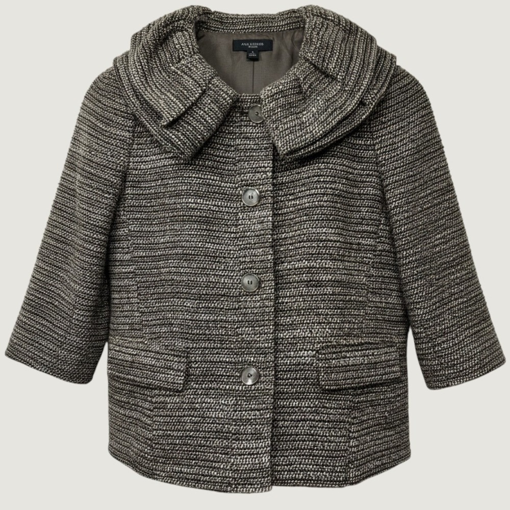 Ann Taylor Jacket Womens 2 Wool Blend Tweed Ruffle Collar Cropped Button Front